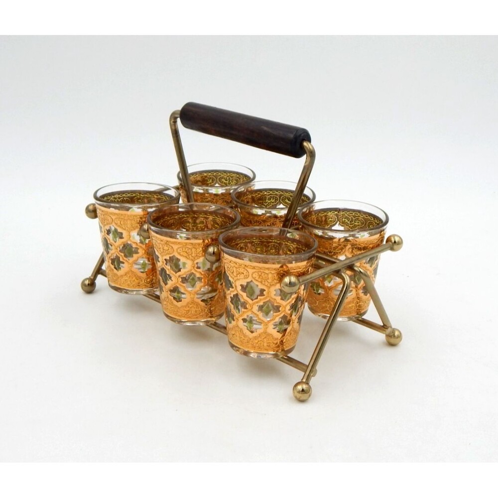Culver Valencia Set of 6 Shot Glasses Caddy Gold & Green Accents Vintage MCM